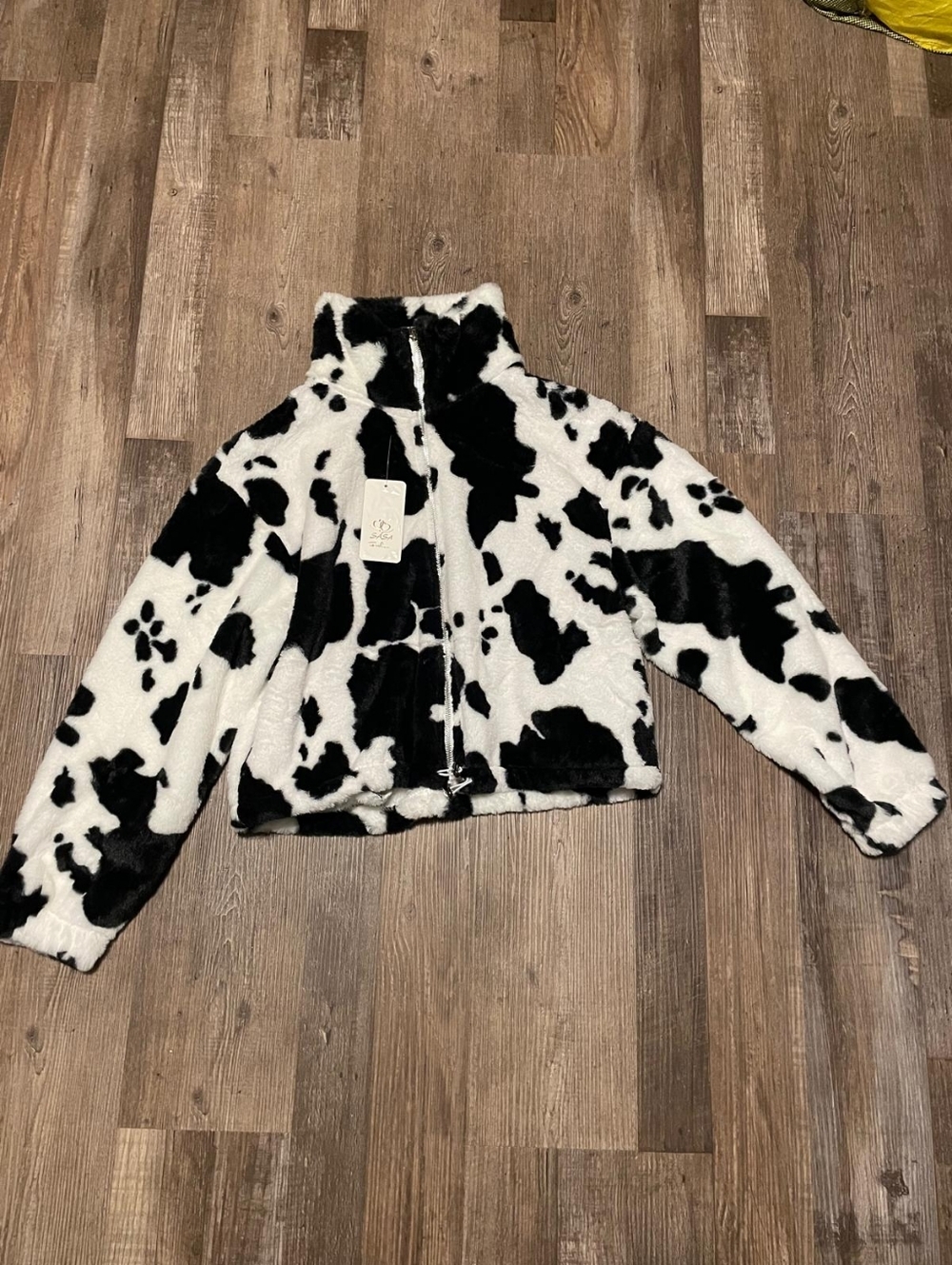 Women’s Black & White Faux Fur Cow Print Zip Jacket